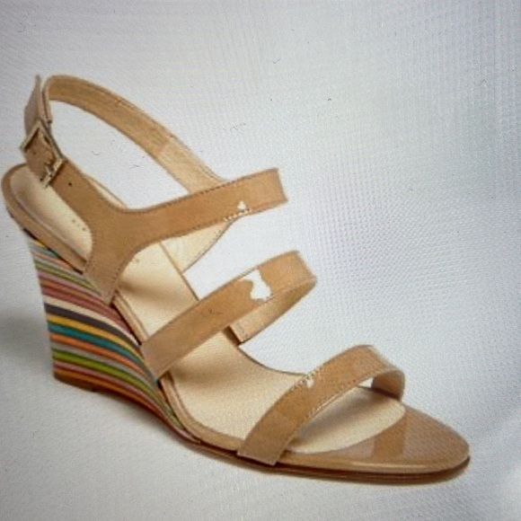 kate spade Shoes - Kate Spade “Cindy” striped wedge heel in Camel patent, size 8